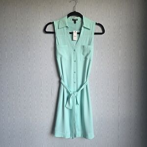 NWT Express Portofino Tie Waist Sea Green Sleeveless Button Down‎ Shirt Dress XS
